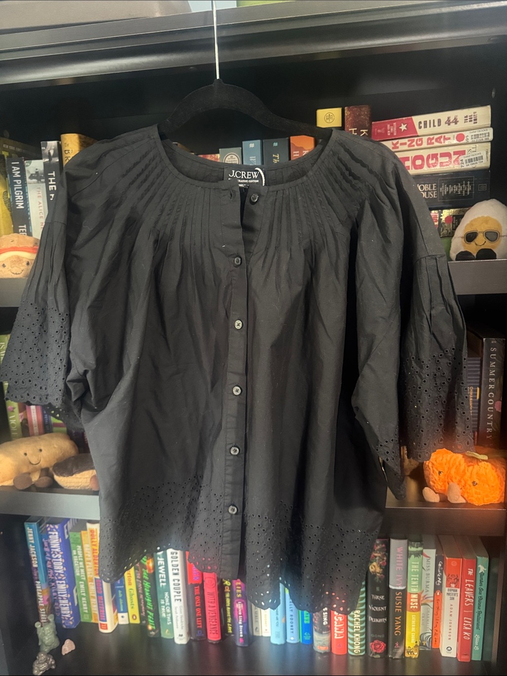 J. Crew Black Eyelet Button-Front Puff Sleeve Top